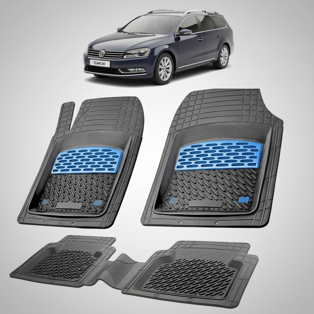 set de covorase din cauciuc negre cu accente albastre cu un volkswagen passat b7 variant negru in fundal