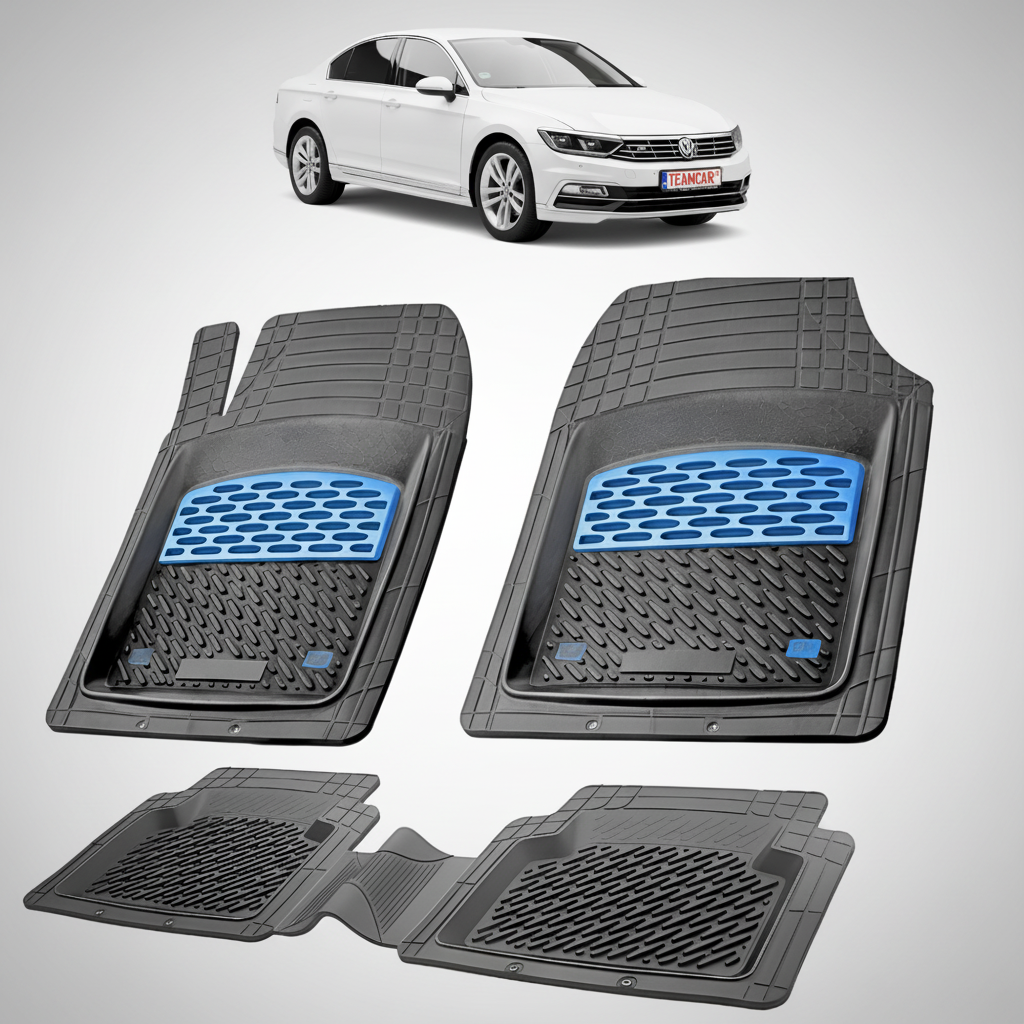 set de covorase din cauciuc negre cu accente albastre cu un volkswagen passat b8 sedan alb in fundal