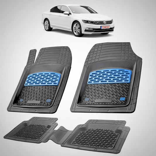 set de covorase din cauciuc negre cu accente albastre cu un volkswagen passat b8 sedan alb in fundal