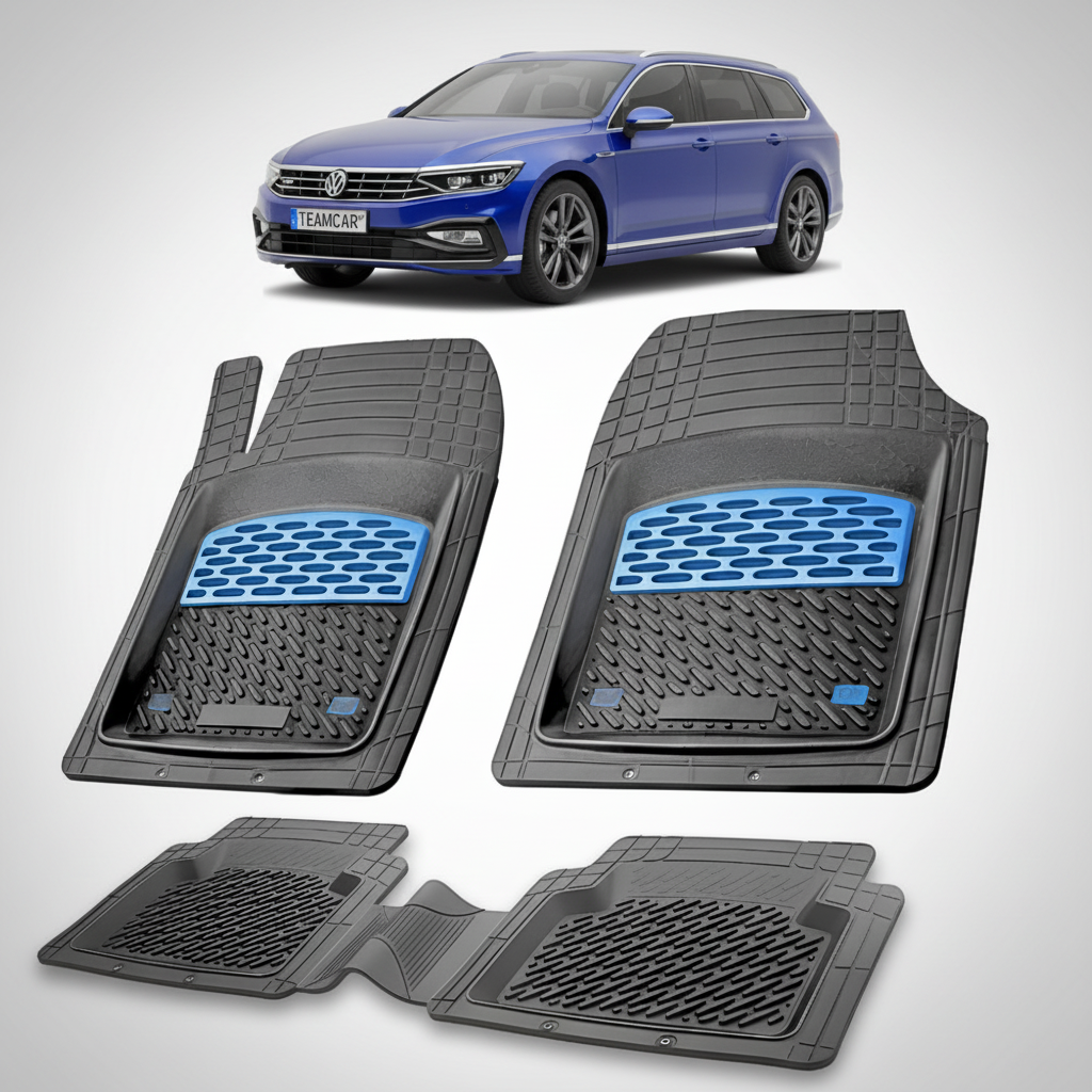 set de covorase din cauciuc negre cu accente albastre cu un volkswagen passat b8 variant break albastru in fundal