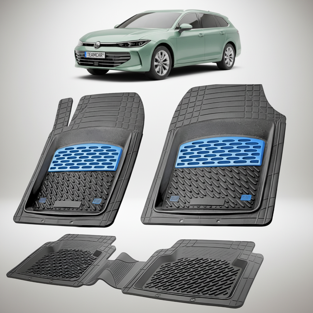 set de covorase din cauciuc negre cu accente albastre cu un volkswagen passat b9 variant break verde metalizat in fundal