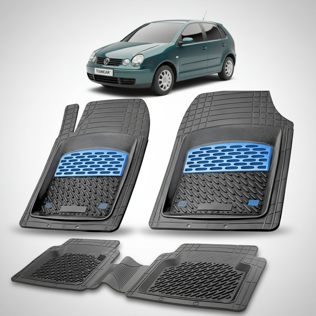 set de covorase din cauciuc negre cu accente albastre cu un volkswagen polo 4 hatchback verde inchis in fundal