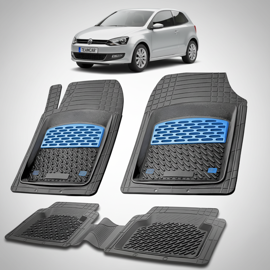 set de covorase din cauciuc negre cu accente albastre cu un volkswagen polo mk5 6r6c hatchback 3 usi argintiu in fundal