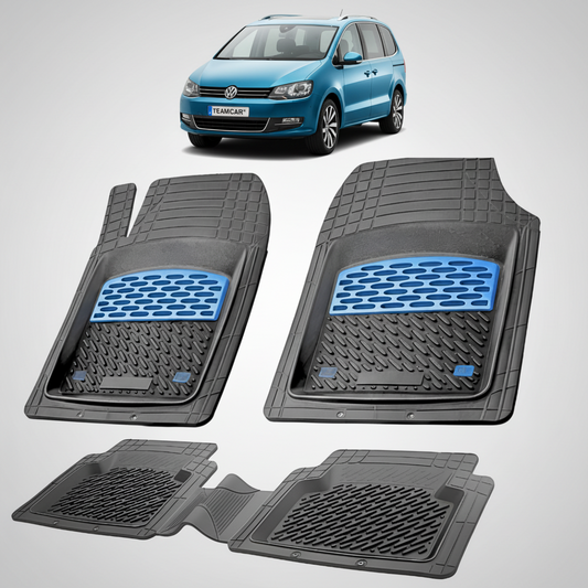 set de covorase din cauciuc negre cu accente albastre cu un volkswagen sharan 7n mpv albastru in fundal