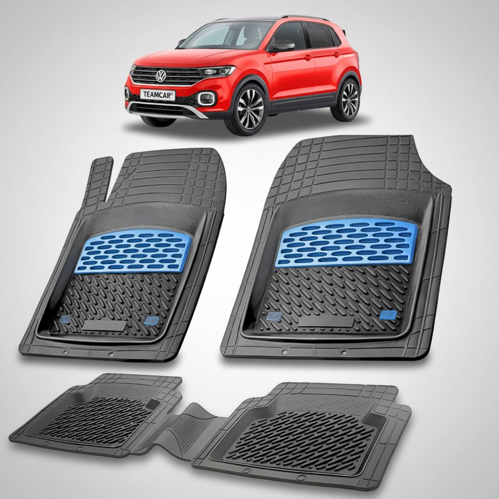 set de covorase din cauciuc negre cu accente albastre cu un volkswagen t-cross c11 rosu in fundal