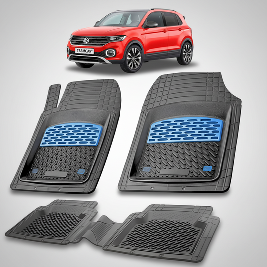 set de covorase din cauciuc negre cu accente albastre cu un volkswagen t-cross c11 rosu in fundal
