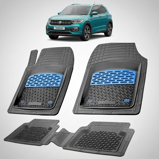 set de covorase din cauciuc negre cu accente albastre cu un volkswagen t-cross i albastru in fundal
