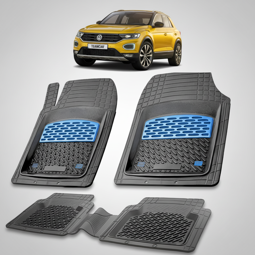 set de covorase din cauciuc negre cu accente albastre cu un volkswagen t-roc a11 suv auriu in fundal