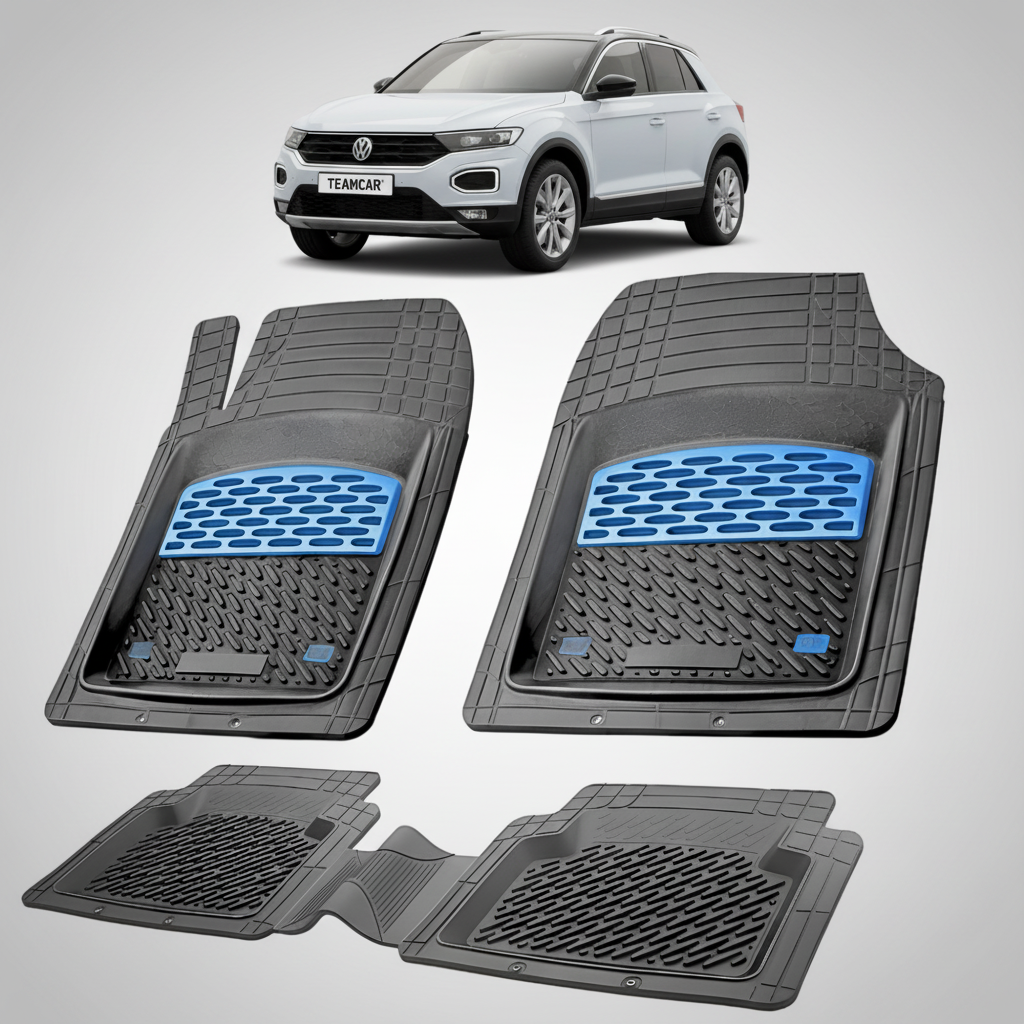 set de covorase din cauciuc negre cu accente albastre cu un volkswagen t-roc I gri in fundal