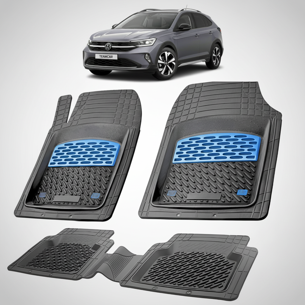 set de covorase din cauciuc negre cu accente albastre cu un volkswagen taigo cs suv coupe gri inchis in fundal