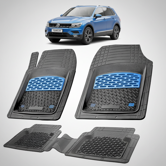 set de covorase din cauciuc negre cu accente albastre cu un volkswagen tiguan 2 albastru in fundal