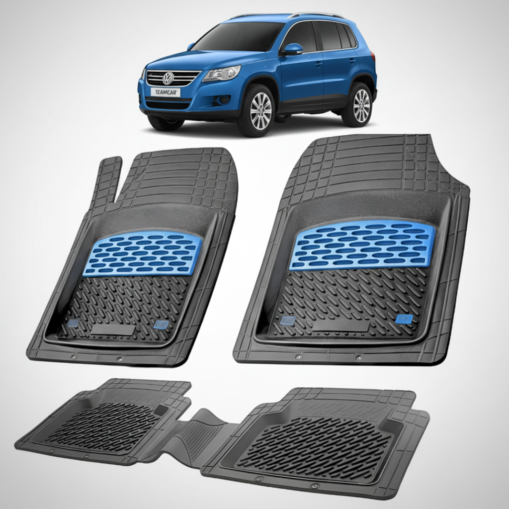set de covorase din cauciuc negre cu accente albastre cu un Volkswagen tiguan ad1 suv albastru in fundal