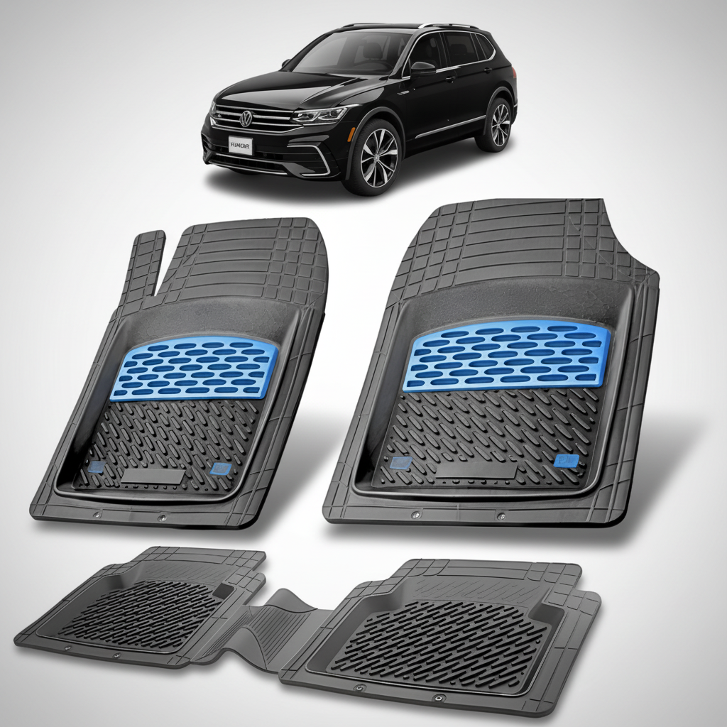 set de covorase din cauciuc negre cu accente albastre cu un volkswagen tiguan bw2 negru in fundal