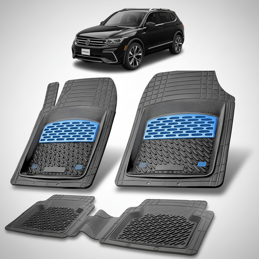 set de covorase din cauciuc negre cu accente albastre cu un volkswagen tiguan bw2 negru in fundal