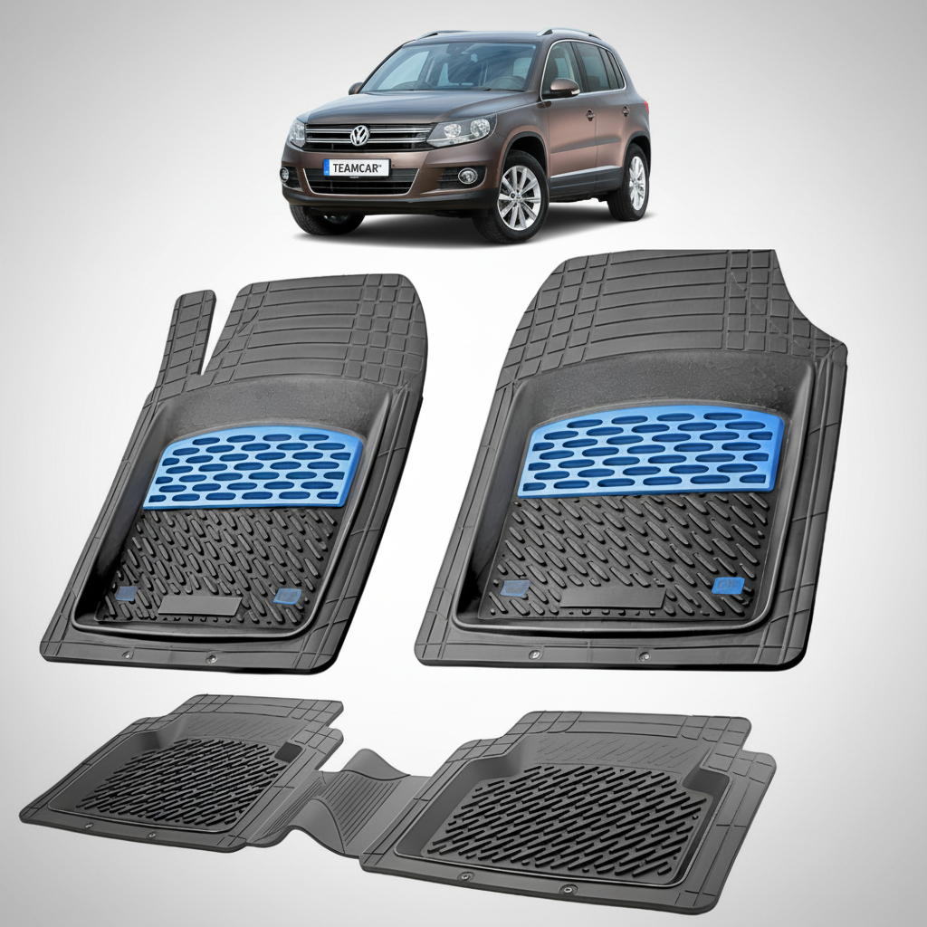 set de covorase din cauciuc negre cu accente albastre cu un Volkswagen tiguan I suv maro inchis in fundal