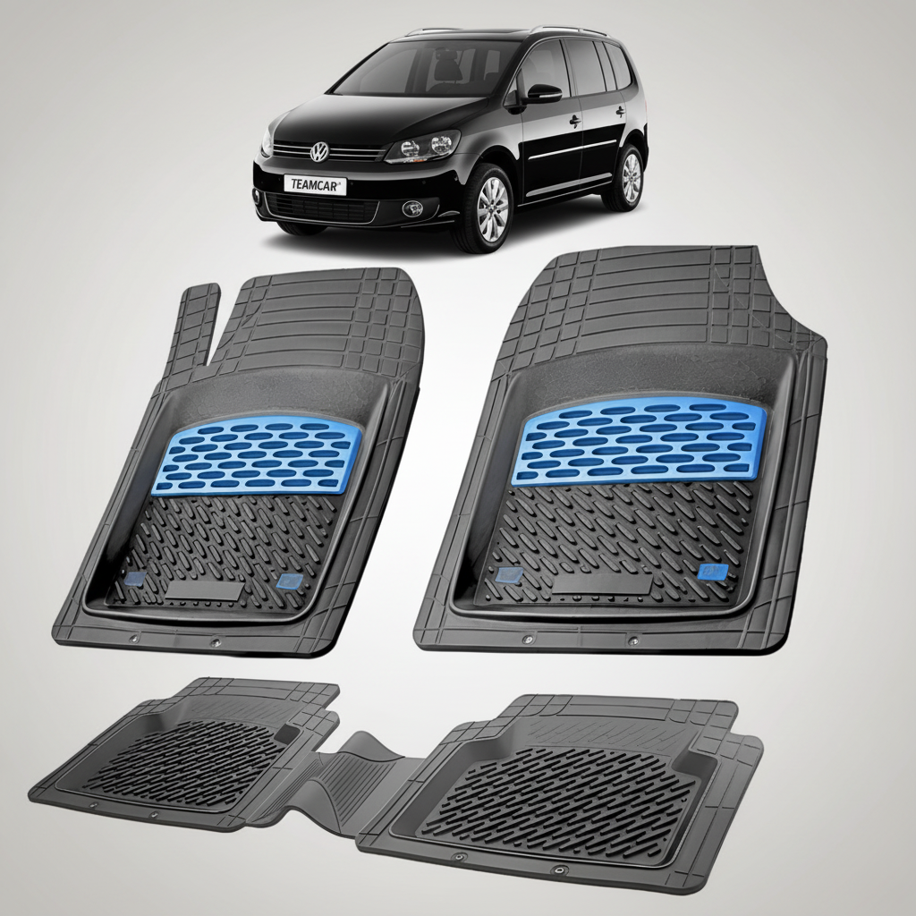 set de covorase din cauciuc negre cu accente albastre cu un volkswagen touran 1t mpv negru in fundal