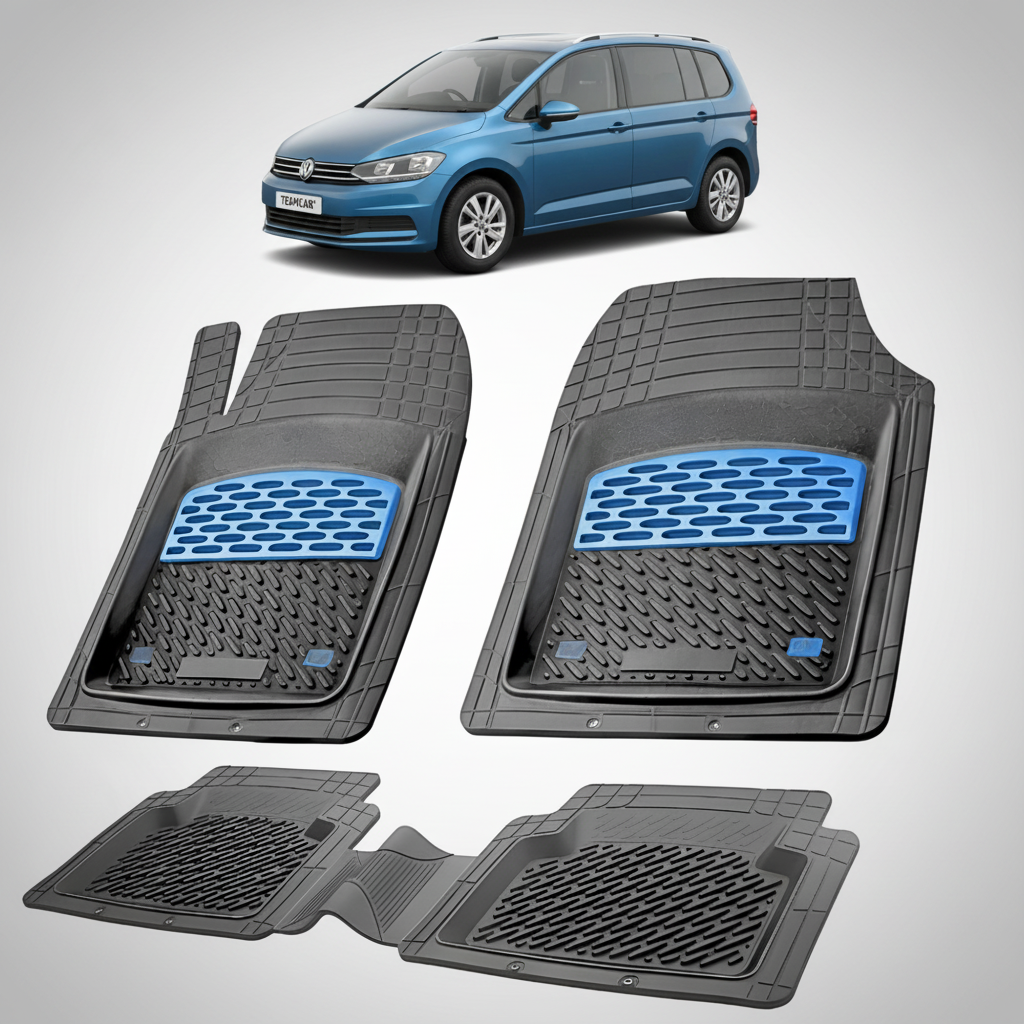 set de covorase din cauciuc negre cu accente albastre cu un volkswagen touran 5t mpv albastru in fundal
