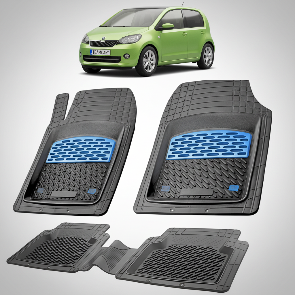 set de covorase din cauciuc negre cu accente albastre cu o skoda citigo i verde menta in fundal