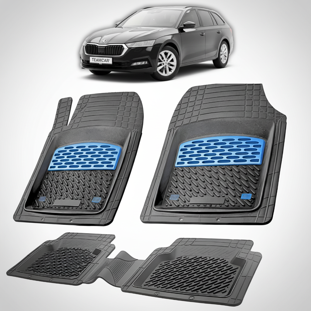 set de covorase din cauciuc negre cu accente albastre cu o skoda octavia iv combi neagra in fundal