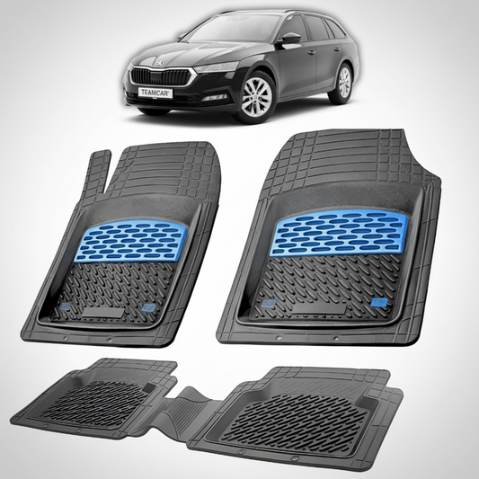 set de covorase din cauciuc negre cu accente albastre cu o skoda octavia iv combi neagra in fundal