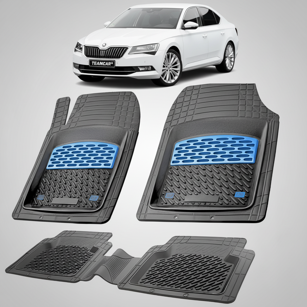 set de covorase din cauciuc negre cu accente albastre cu o skoda superb iii alba in fundal