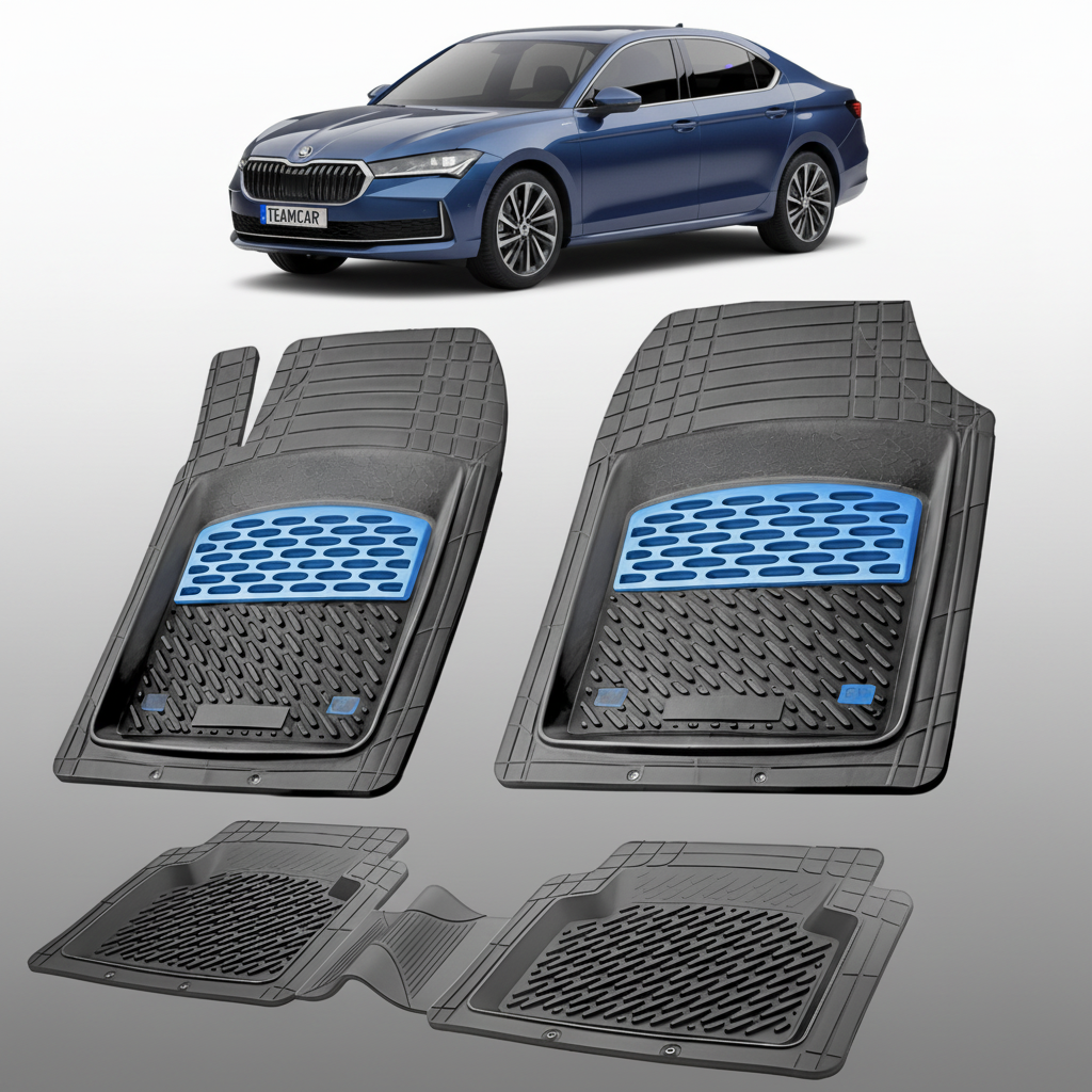 set de covorase din cauciuc negre cu accente albastre cu o skoda superb iv albastra in fundal