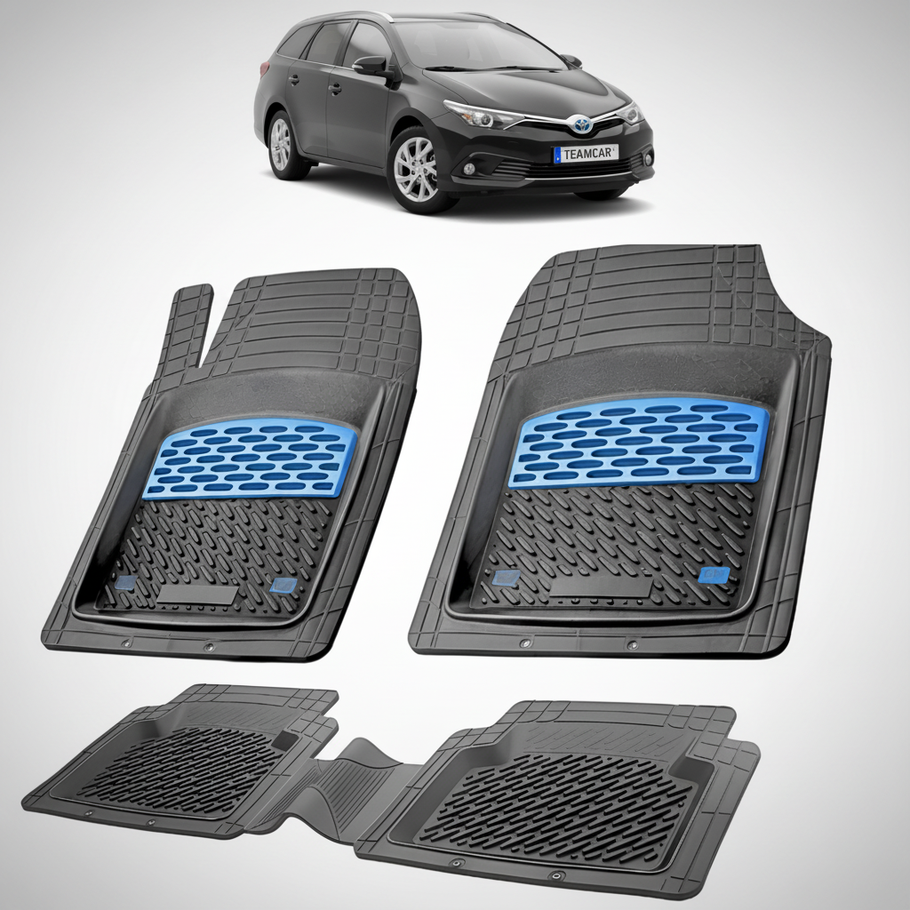 set de covorase din cauciuc negre cu accente albastre cu o toyota auris touring sports e180 neagra in fundal