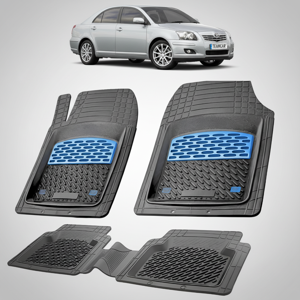 set de covorase din cauciuc negre cu accente albastre cu o toyota avensis t25 liftback gri in fundal