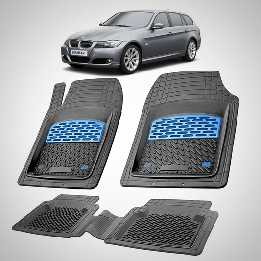 Set of car floor mats with blue accents on a white background, featuring a car in the top corner.