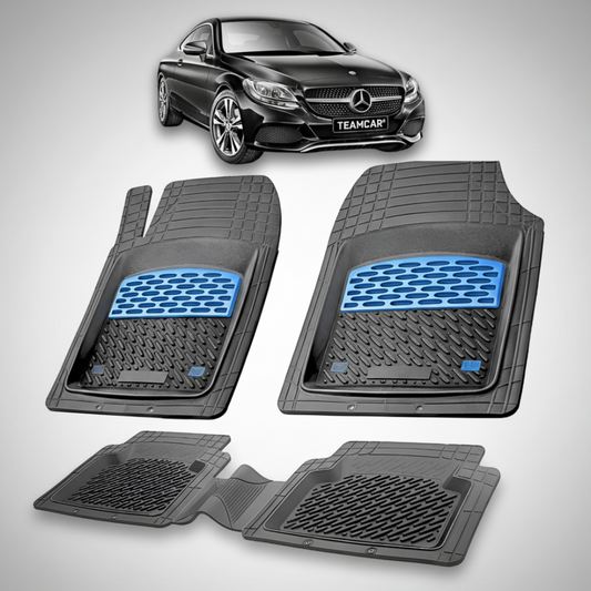 Set of car floor mats with Mercedes-Benz logo in the background