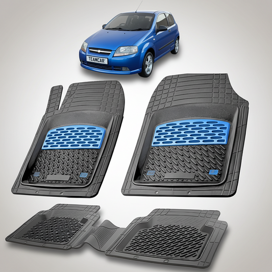 Set of car floor mats with a blue logo on a white background, featuring a blue car.
