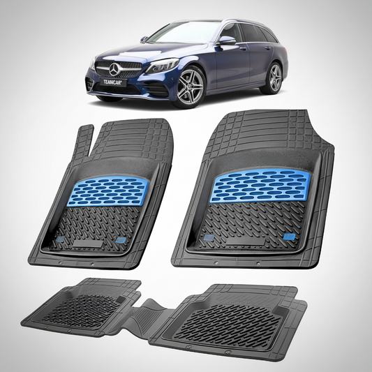 Set of car floor mats with a Mercedes-Benz car in the background