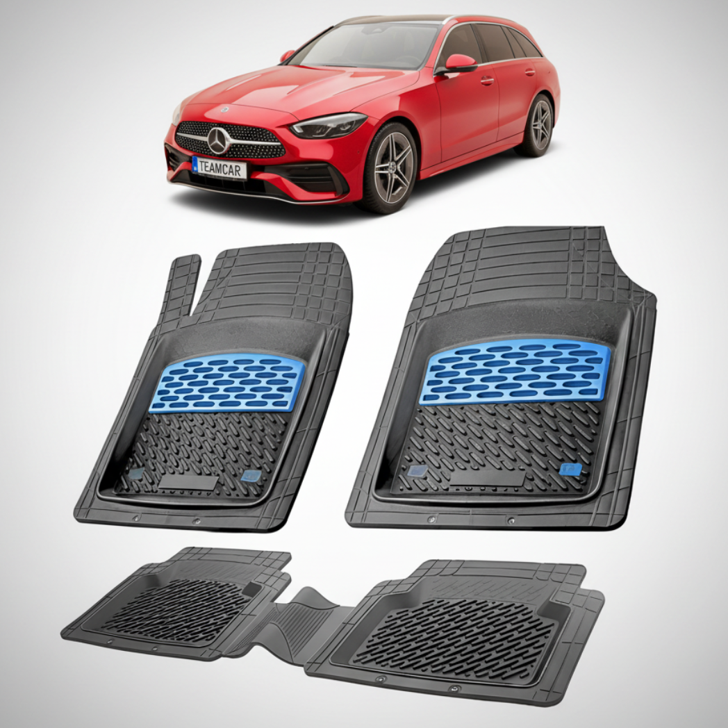 Set of black car floor mats with blue accents on a white background, featuring a red car at the top.
