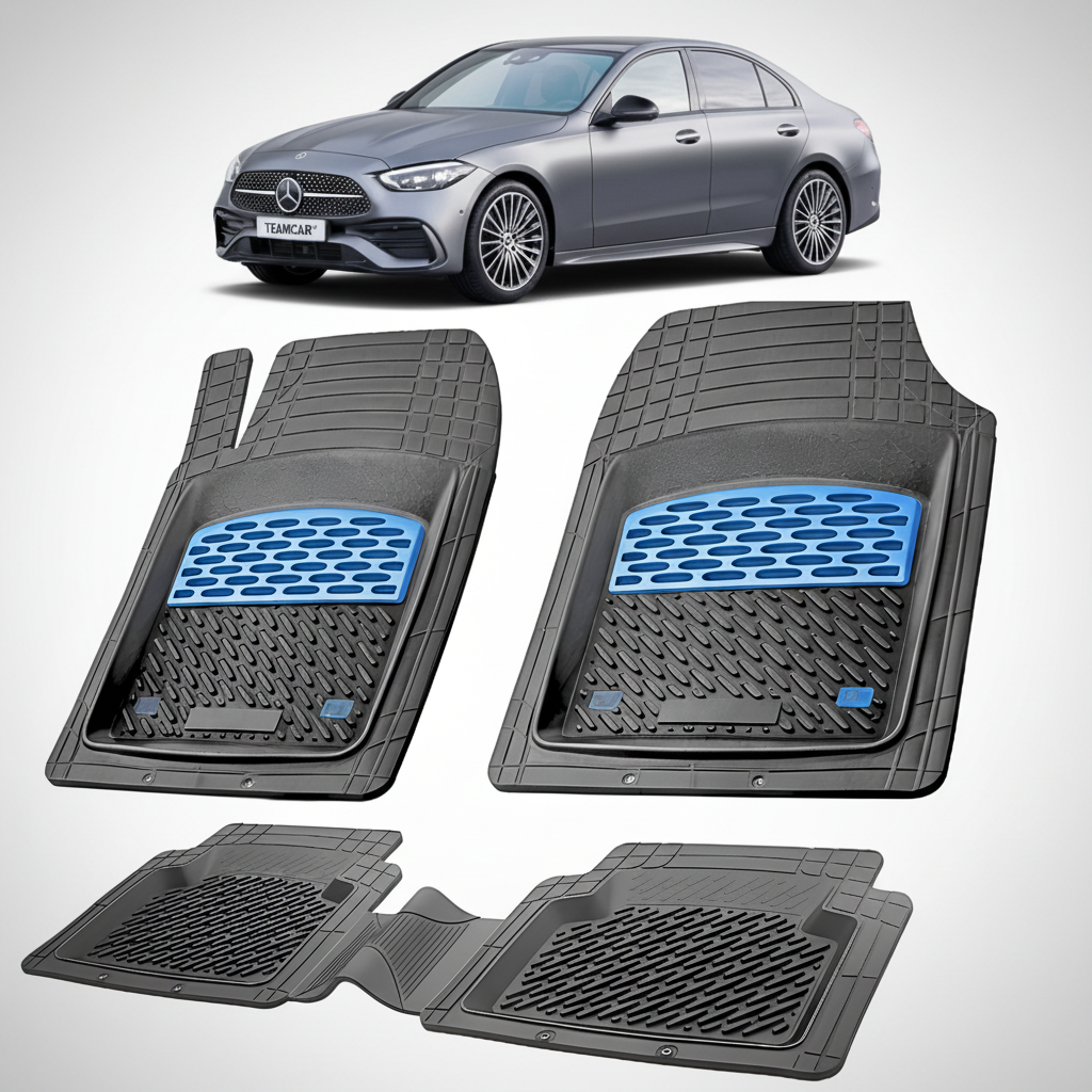Set of car floor mats with a Mercedes-Benz car in the background