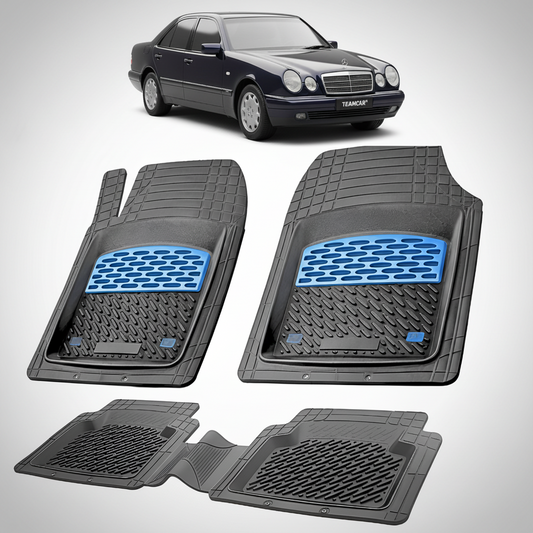 Set of black car floor mats with blue accents on a white background, featuring a black car at the top.