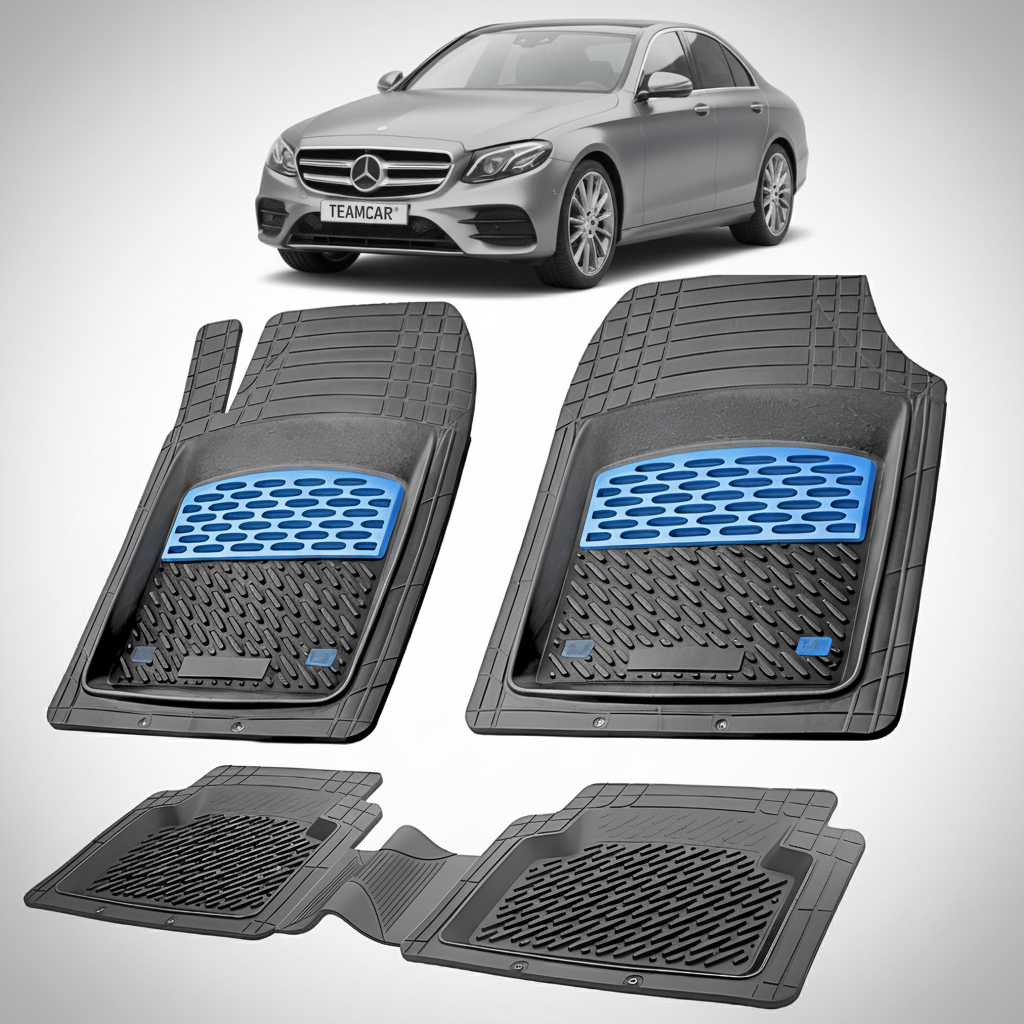 Set of car floor mats with a Mercedes-Benz car in the background