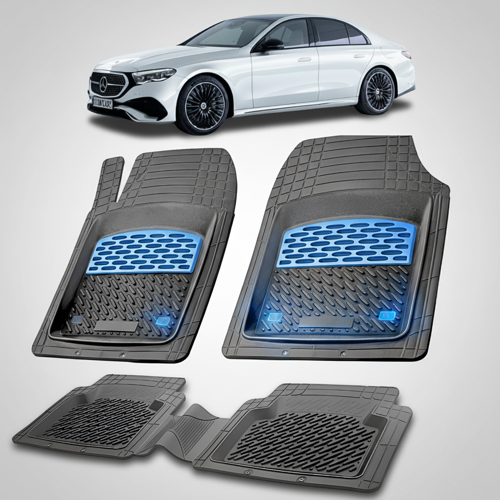 Set of car floor mats with a white car in the background