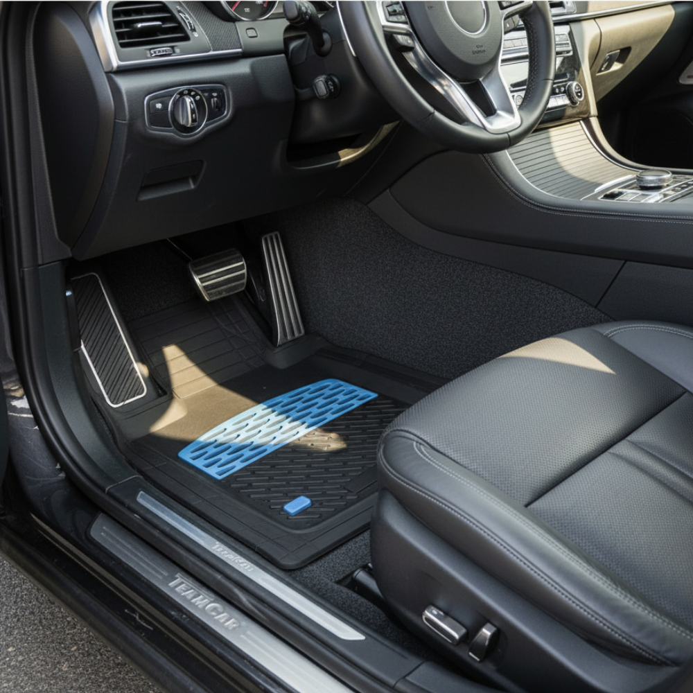 Car interior with black floor mats on the driver's side