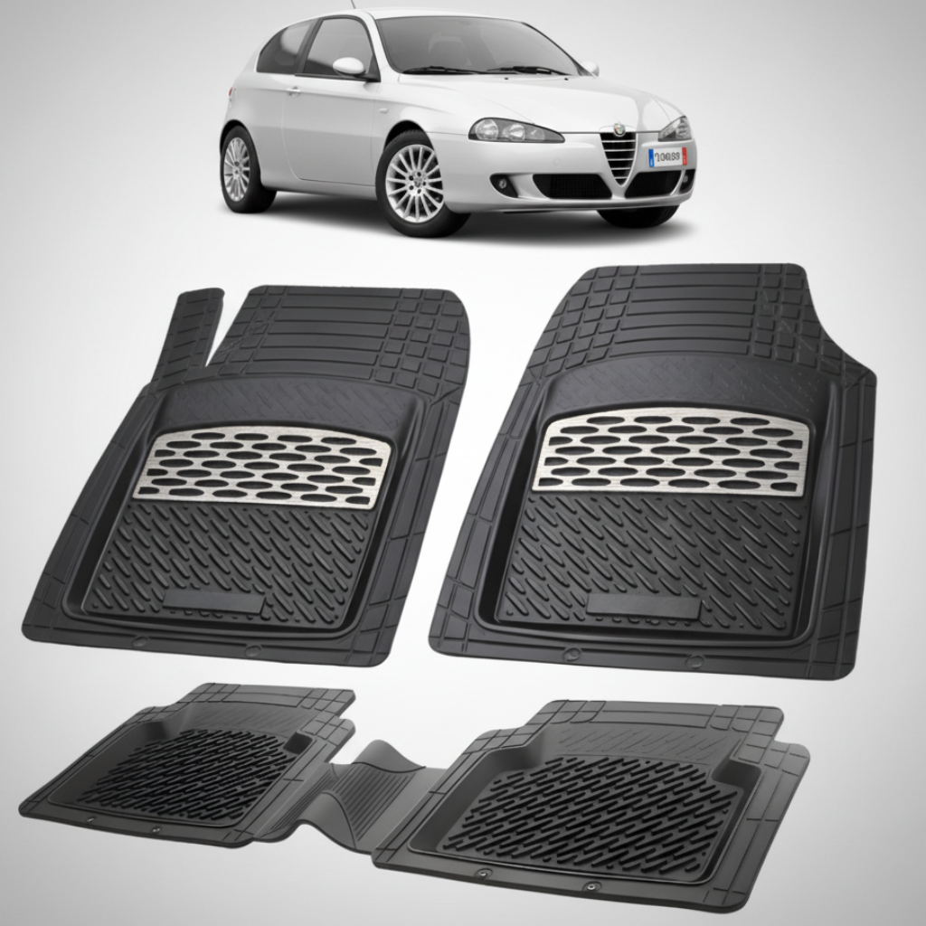 set de covorase din cauciuc negre cu accente gri cu o alfa romeo 147 hatchback gri in fundal