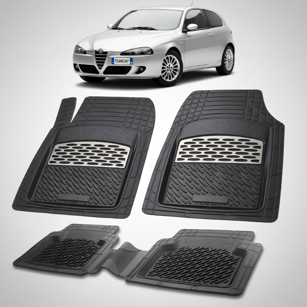 set de covorase din cauciuc negre cu accente gri cu o alfa romeo 147 hatchback argintiu in fundal