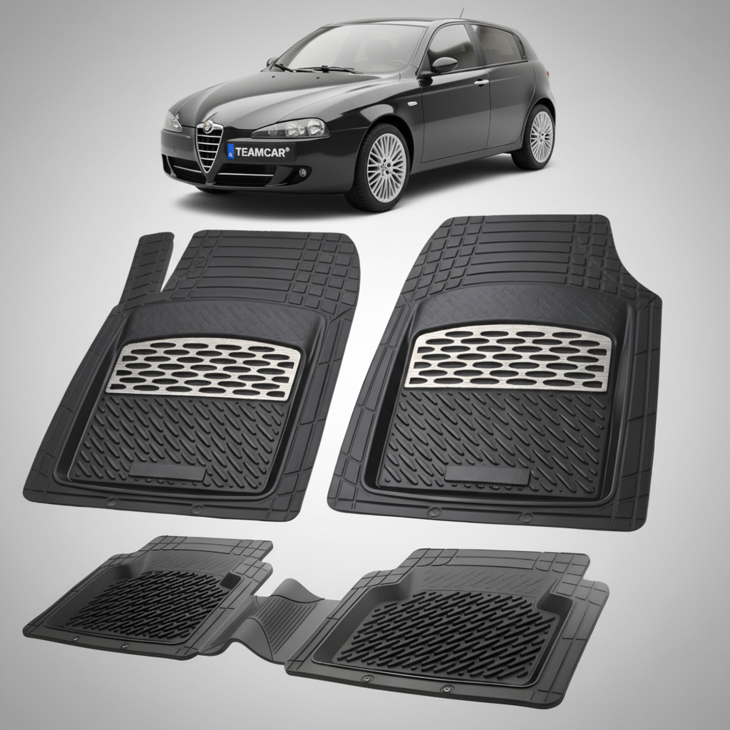 set de covorase din cauciuc negre cu accente gri cu o alfa romeo 147 hatchback negru in fundal