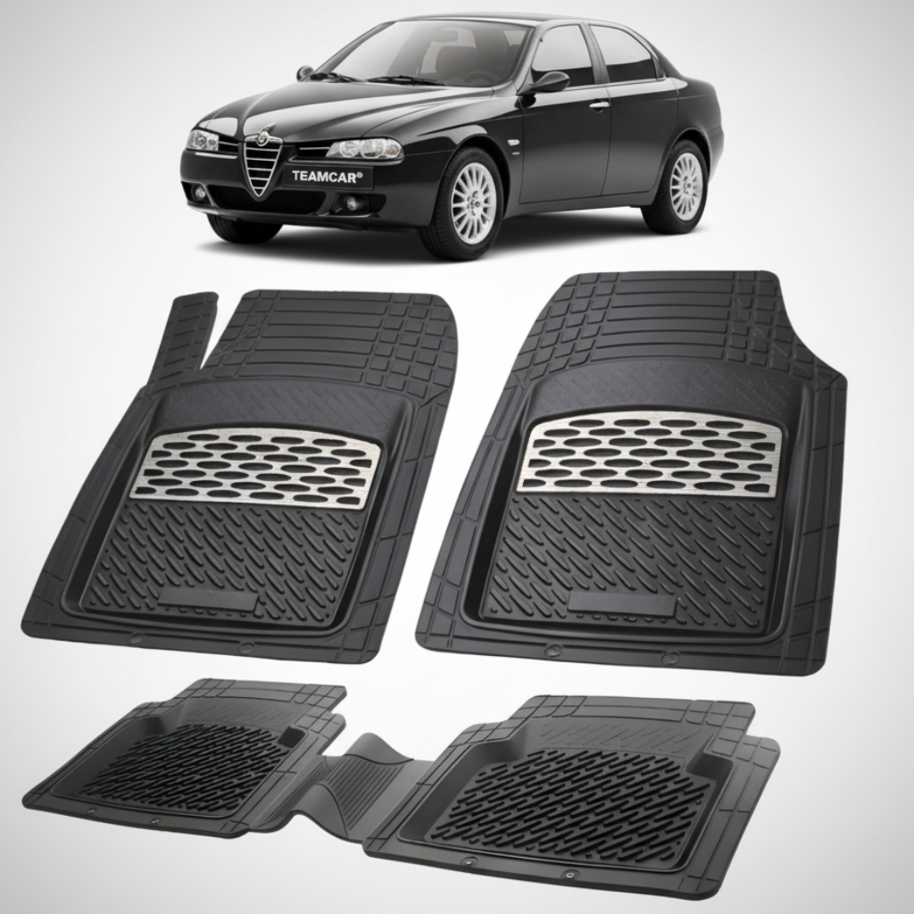 set de covorase din cauciuc negre cu accente gri cu o alfa romeo 156 neagra in fundal