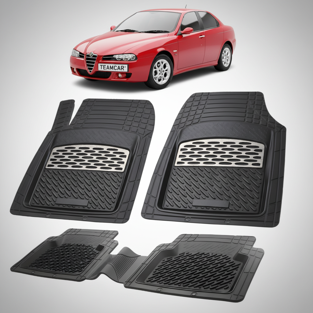 set de covorase din cauciuc negre cu accente gri cu o alfa romeo 156 rosie in fundal