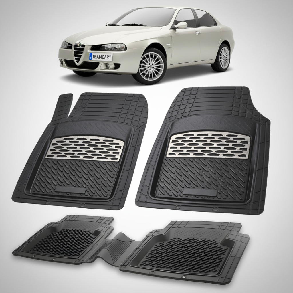 set de covorase din cauciuc negre cu accente gri cu o alfa romeo 156 sedan bej in fundal