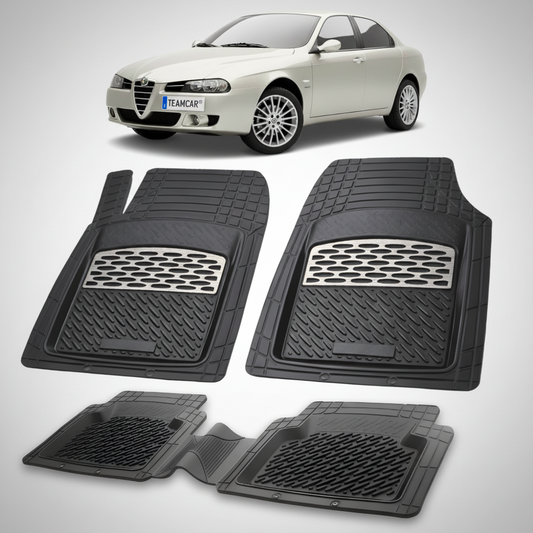 set de covorase din cauciuc negre cu accente gri cu o alfa romeo 156 sedan bej in fundal