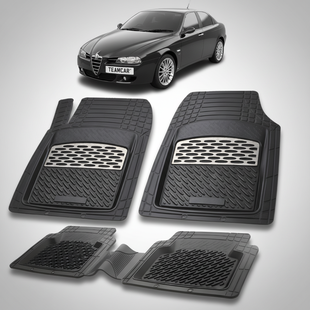 set de covorase din cauciuc negre cu accente gri cu o alfa romeo 156 sedan negru in fundal