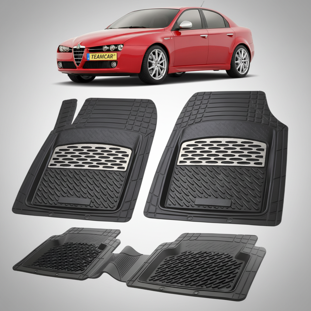 fekete gumiszőnyeg szett szürke díszítéssel, a háttérben egy piros Alfa Romeo 159-cel