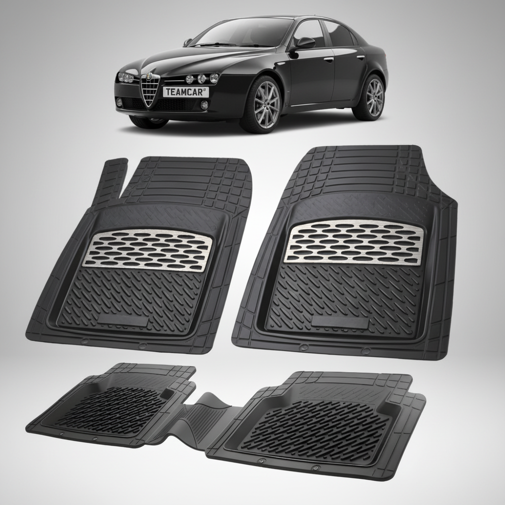 set de covorase din cauciuc negre cu accente gri cu o alfa romeo 159 sedan neagra  in fundal