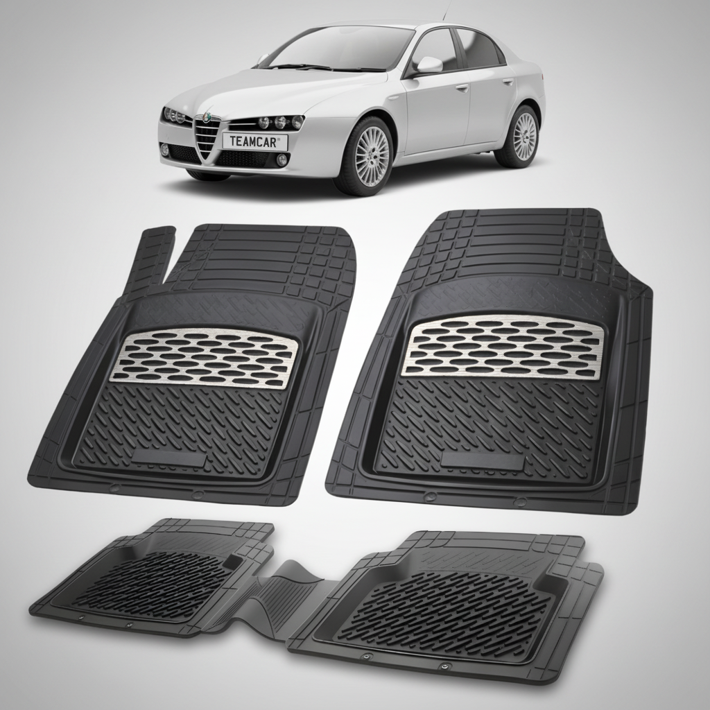 set de covorase din cauciuc negre cu accente gri cu o alfa romeo 159 sedan argintie in fundal