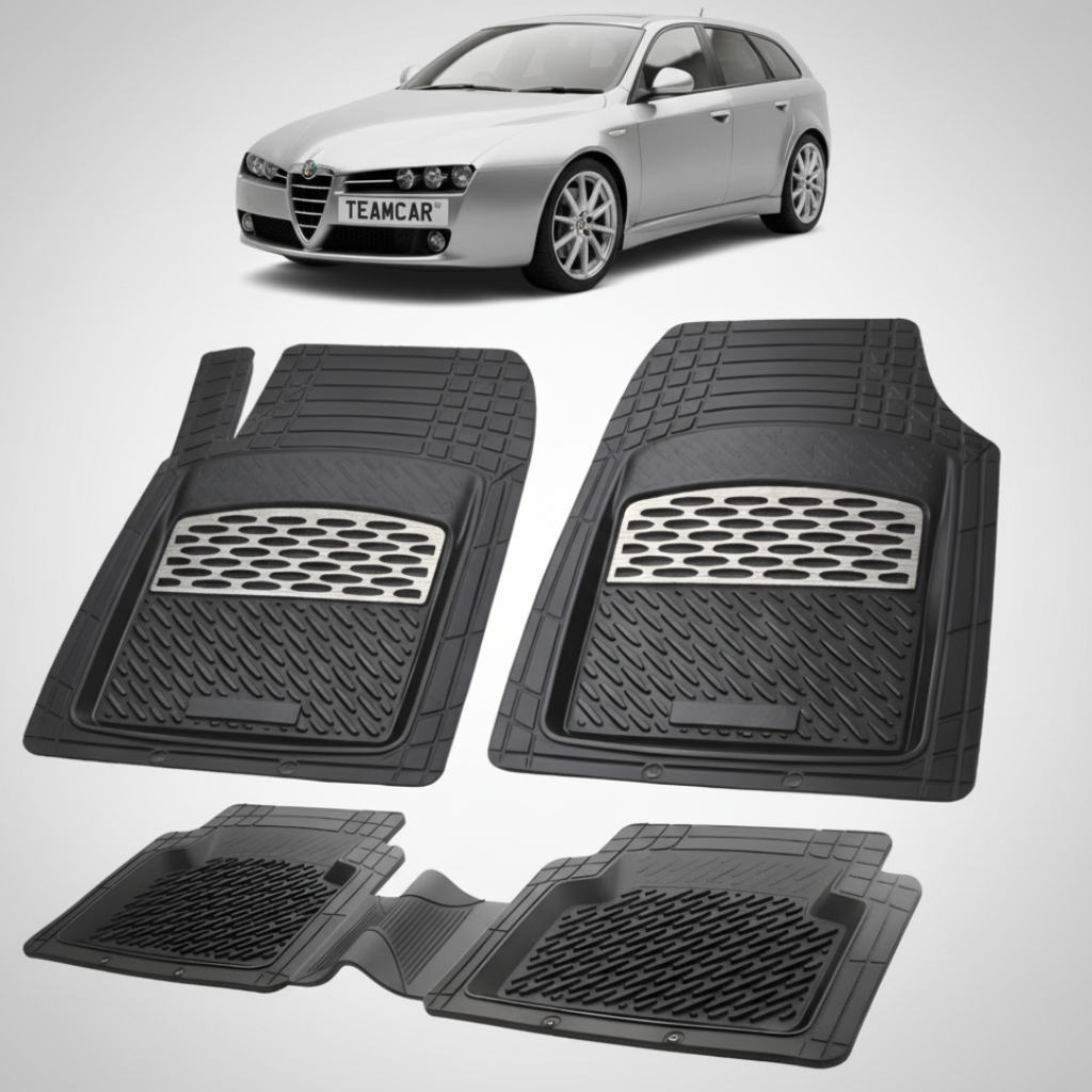 set de covorase din cauciuc negre cu accente gri cu o alfa romeo 159 sportwagon argintie in fundal
